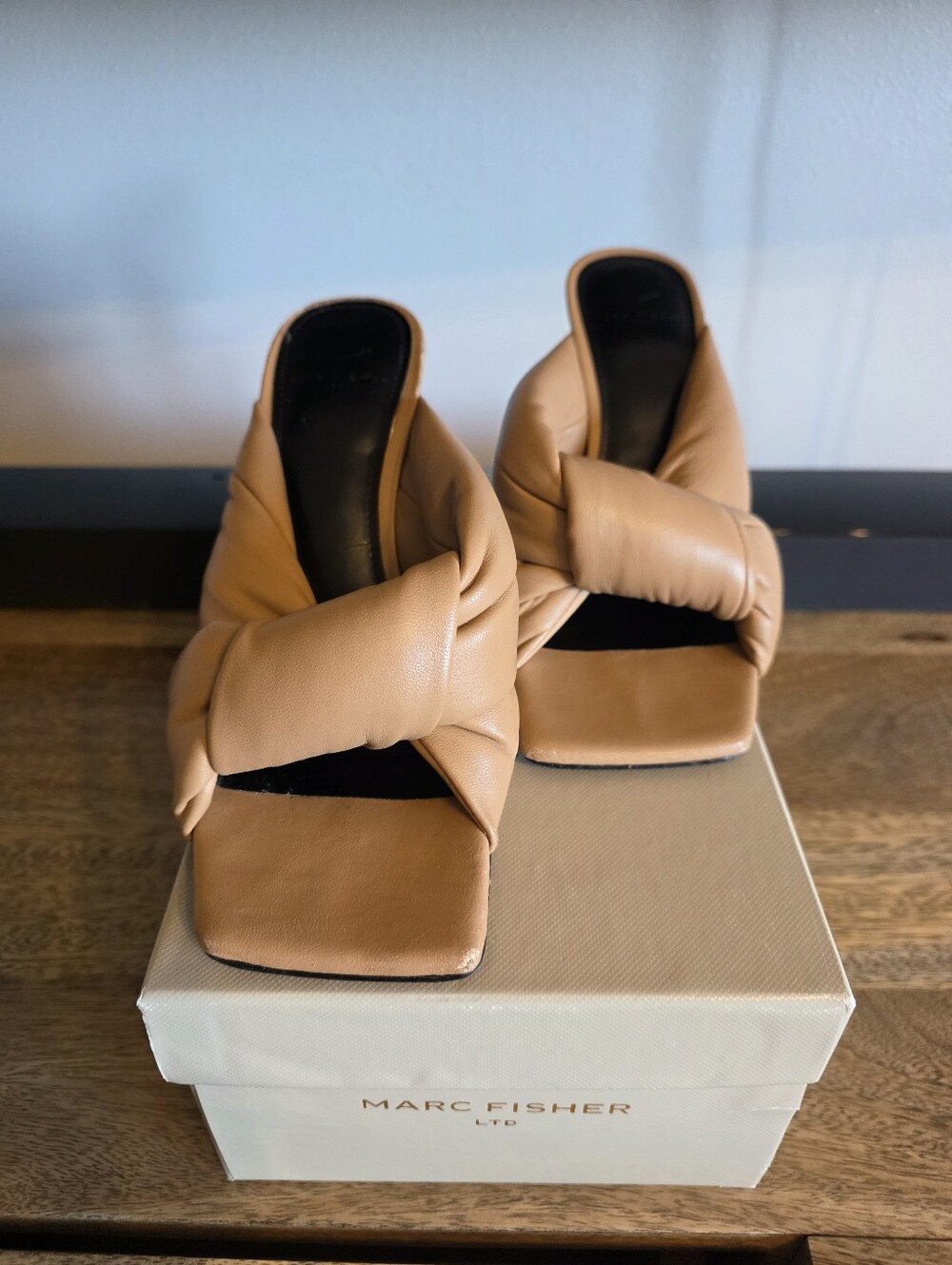 Marc Fisher Beige Knotted Leather Mule Sandals